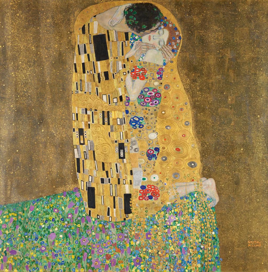 Gustav Klimt, Il bacio (Liebespaar), olio e foglia metallica